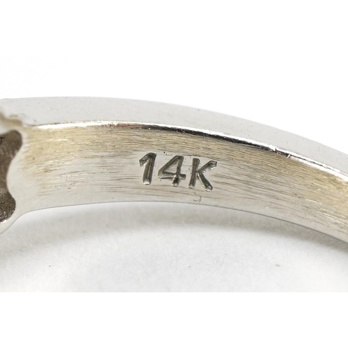 1059 - 14k gold diamond triple flower head ring, size M, 4.4g