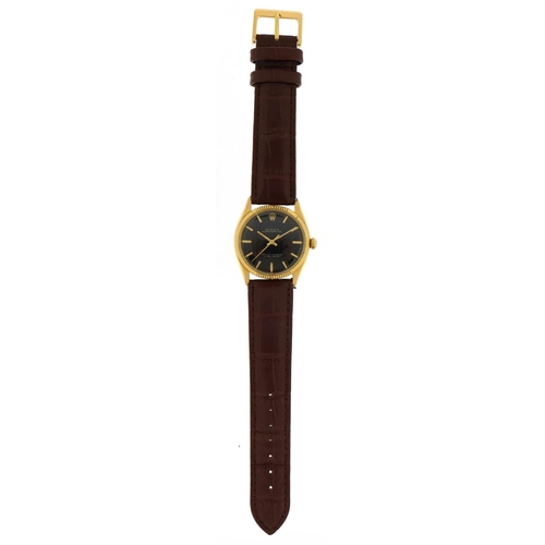 1036 - Rolex, gentlemen's gold Rolex Oyster Perpetual wristwatch with black dial, 33mm in diameter, total w... 