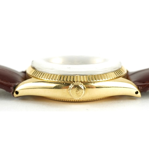 1036 - Rolex, gentlemen's gold Rolex Oyster Perpetual wristwatch with black dial, 33mm in diameter, total w... 