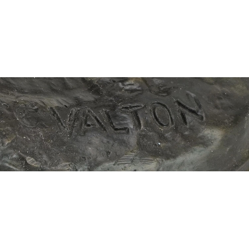 85 - After Charles Valton, patinated bronze Bull Mastiff guard dog raised on an oval black slate base, 32... 