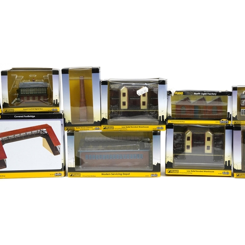 Fourteen Graham Farish N gauge model railway trackside buildings with