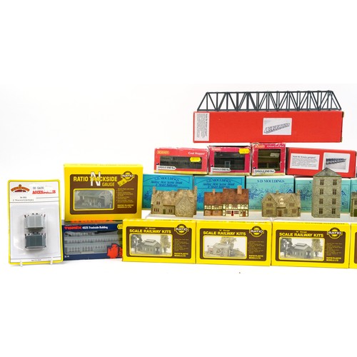 Collection of N gauge model railway trackside buildings and accessories