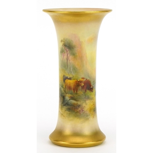 2 - Harry Stinton for Royal Worcester, porcelain trumpet vase hand painted with Highland cattle beside w... 