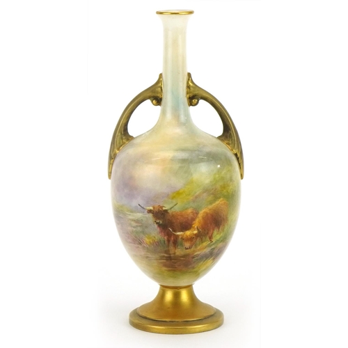 Harry Stinton for Royal Worcester, porcelain vase with twin handles hand painted with Highland cattle beside water, numbered 2700 to the base, 18.5cm high