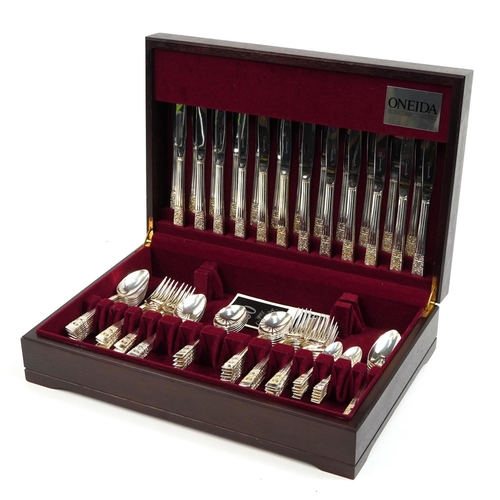 49 - Oneida twelve place canteen of community silver plated cutlery housed in a mahogany canteen, the can... 
