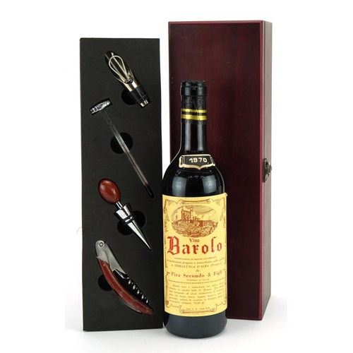 114 - Bottle of 1970 Vino Barolo red wine with presentation box and accessories