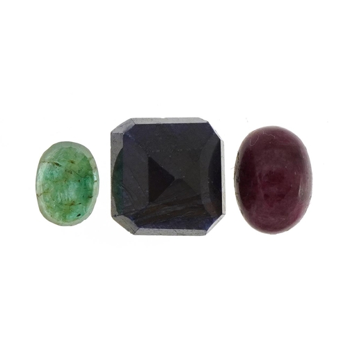 1536 - Three gemstones with certificates comprising ruby 2.65 carat, emerald 1.10 carat and sapphire 7.95 c... 