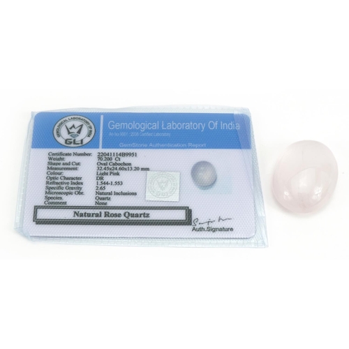 1156 - Large oval rose quartz gemstone with certificate, 70.20 carat