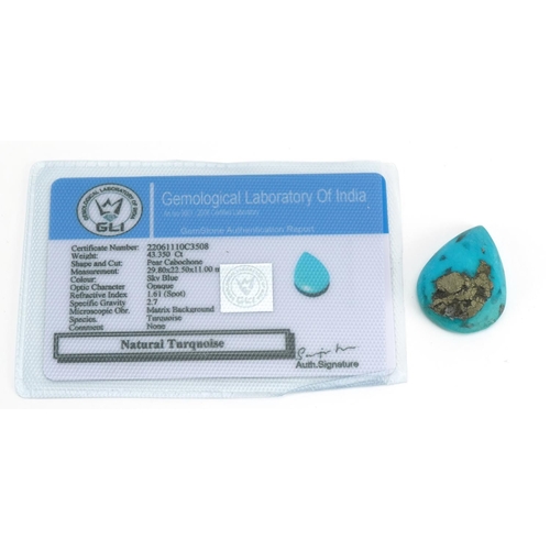 1121 - Large pear cut turquoise gemstone with certificate, 43.35 carat