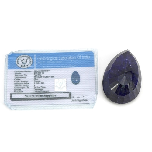 1081 - Large pear cut sapphire gemstone with certificate, 460.0 carat