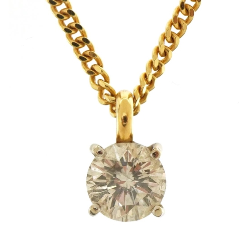 Near 1ct diamond solitaire pendant on an 18ct gold curb link necklace, the diamond approximately 0.98 carat, 1cm high and 45cm in length, total 6.5g
