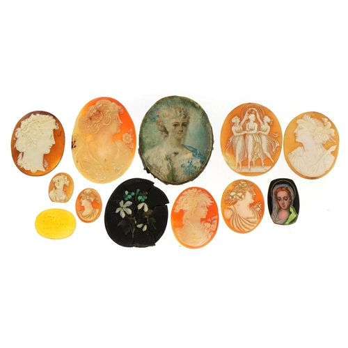 1571 - Collection of cameo panels carved with maiden heads, two hand painted examples and a pietra dura pan... 