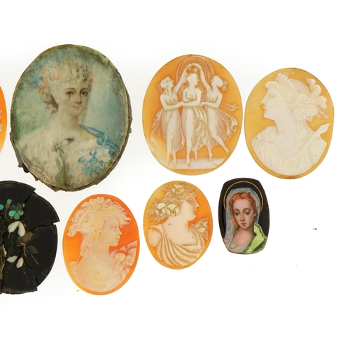 1571 - Collection of cameo panels carved with maiden heads, two hand painted examples and a pietra dura pan... 