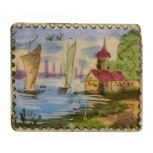 1552 - White metal stud fastening enamelled and  hand painted with a river landscape, 2.6cm wide, 6.8g