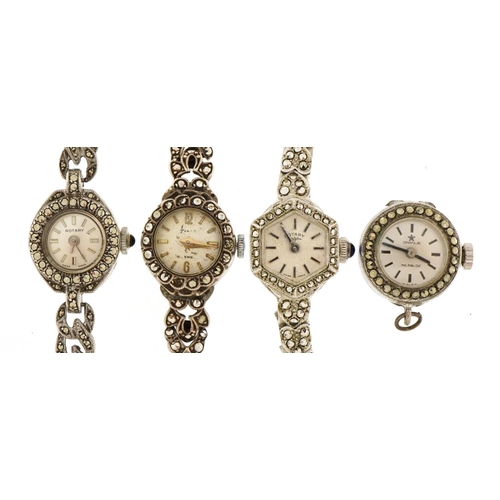 1595 - Four vintage and later ladies silver and white metal marcasite wristwatches including Rotary and Ora... 