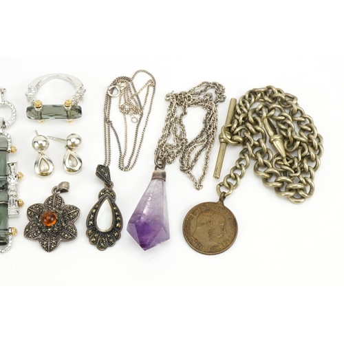 1583 - Vintage and later silver and white metal jewellery including amethyst crystal pendant, pair of drop ... 