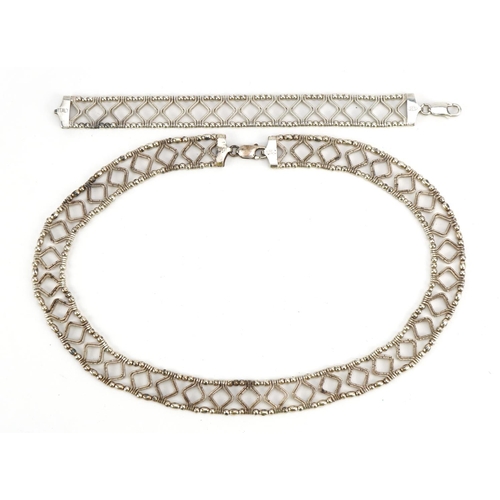 1590 - Stylish silver choker necklace and matching bracelet, the bracelet 19cm in length, total 94.8g