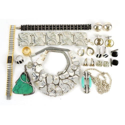 1579 - Silver and white metal jewellery including an Art Deco design pendant on Belcher link necklace, turq... 