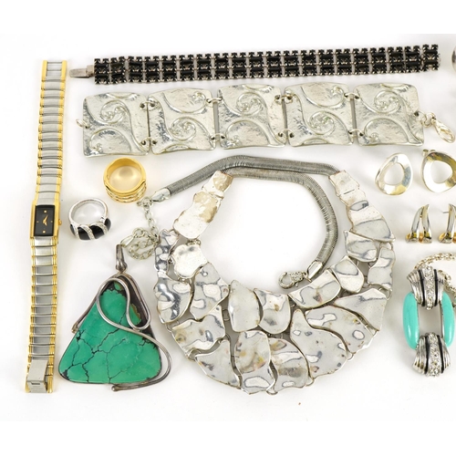 1579 - Silver and white metal jewellery including an Art Deco design pendant on Belcher link necklace, turq... 