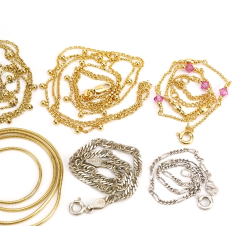 1600 - Four silver necklaces and four silver bracelets including Figaro link and one set with pink stones, ... 