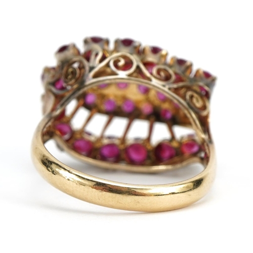 1064 - 14k gold ruby two tier cluster ring, size M, 6.0g
