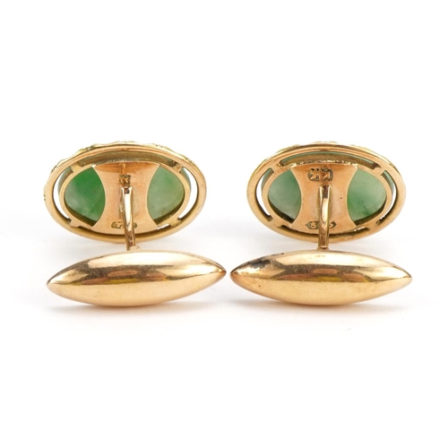 1073 - Pair of Chinese 14k gold cabochon green jade cufflinks, 2.0cm high, 10.3g