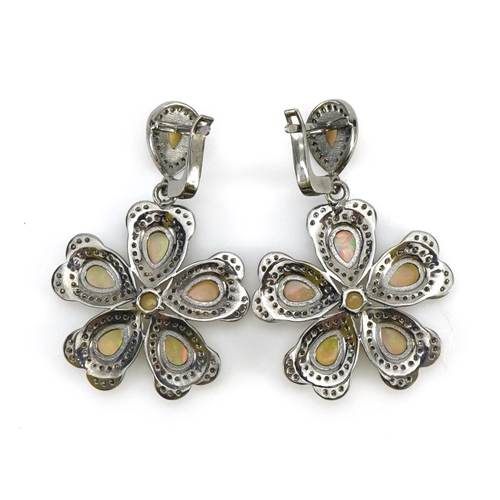 1008 - Pair of white metal cabochon opal and diamond flower head drop earrings, 4.5cm high, 14.2g