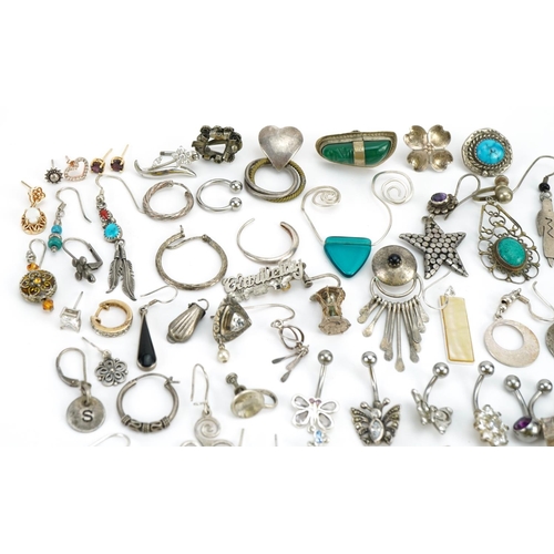 1567 - Vintage and later silver and white metal jewellery including earrings, pendants and blue enamel fleu... 