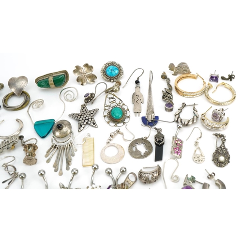 1567 - Vintage and later silver and white metal jewellery including earrings, pendants and blue enamel fleu... 