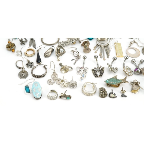 1567 - Vintage and later silver and white metal jewellery including earrings, pendants and blue enamel fleu... 