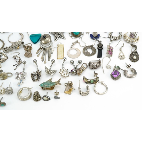 1567 - Vintage and later silver and white metal jewellery including earrings, pendants and blue enamel fleu... 