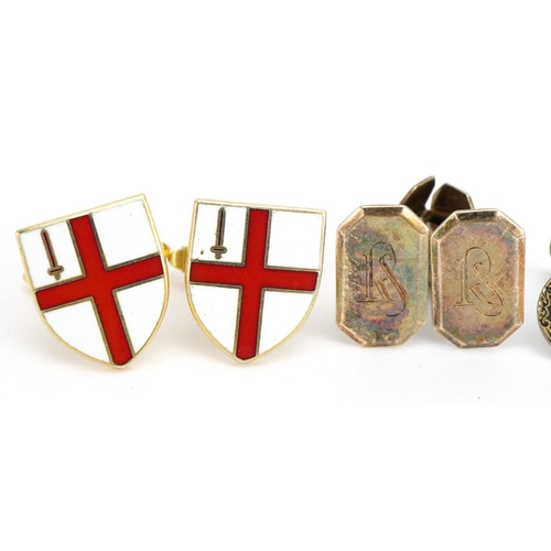 1555 - Three pairs of silver cufflinks including enamelled City of London flag, the largest 1.9cm high, tot... 