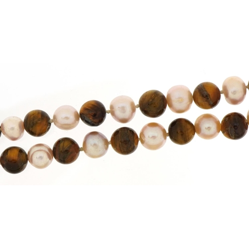 1517 - Tiger's eye and pearl bead necklace, 120cm in length, 114.1g