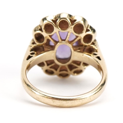 1049 - Victorian style 9ct gold amethyst and seed pearl cluster ring, the amethyst approximately 10.1mm x 8... 