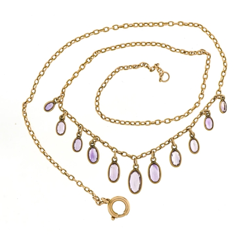 1077 - Victorian 9ct gold necklace set with eleven graduated amethysts, 43cm in length, 5.9g