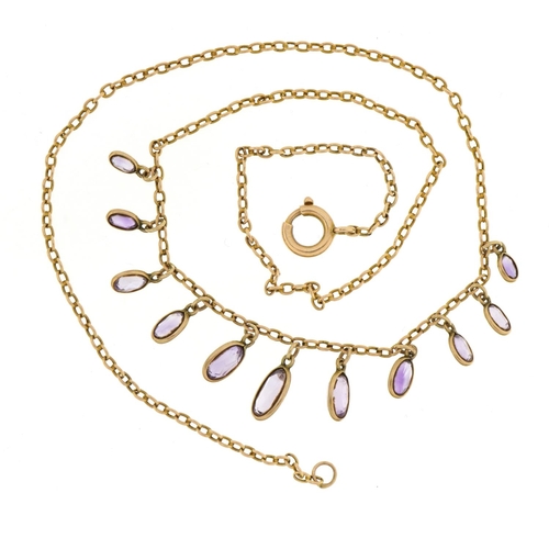 1077 - Victorian 9ct gold necklace set with eleven graduated amethysts, 43cm in length, 5.9g