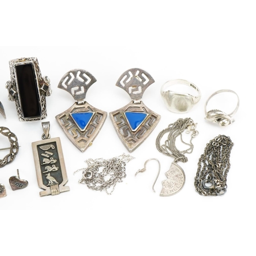 1568 - Silver and white metal jewellery including an ammonite pendant, Egyptian pendant with hieroglyphs, m... 