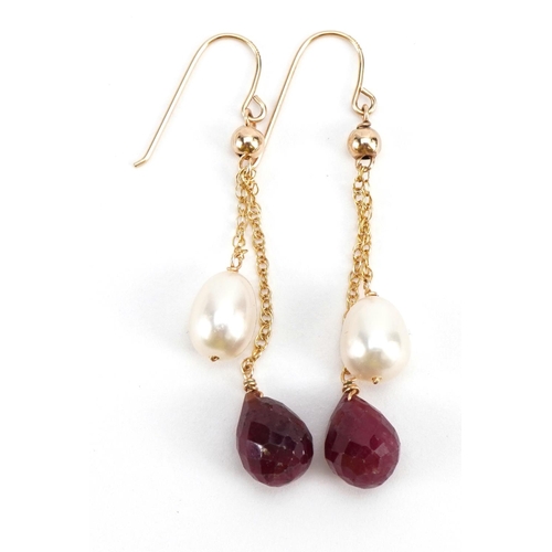 1018 - Pair of 14k gold facetted ruby and pearl drop earrings, 4.4cm high, 2.6g