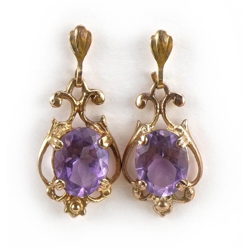 1150 - Pair of 9ct gold amethyst drop earrings, 2.5cm high, 2.3g