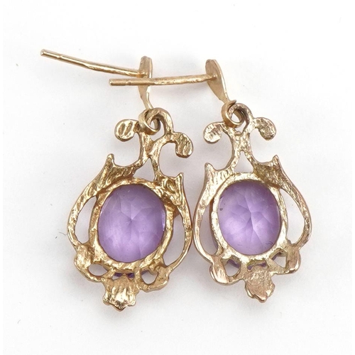 1150 - Pair of 9ct gold amethyst drop earrings, 2.5cm high, 2.3g