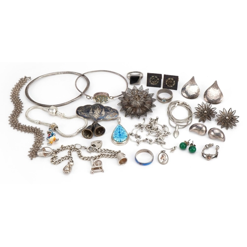 1501 - Victorian and later silver jewellery including charm bracelets, one with Enamelled Donald Duck charm... 