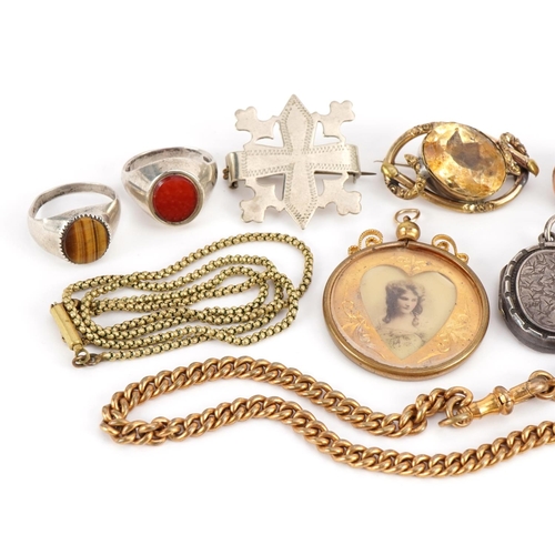 1088 - Victorian and later jewellery including silver and marcasite serpent ring, yellow metal watch chain ... 