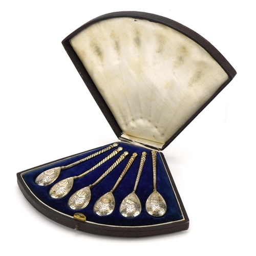 193 - Set of six 19th century Russian silver spoons housed in a velvet and silk lined fitted case, impress... 