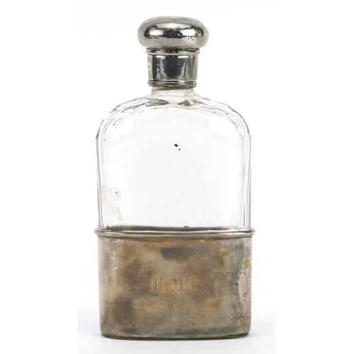 181 - Edwardian silver mounted cut glass hip flask with detachable cup, London 1902, 13.5cm high, weighabl... 