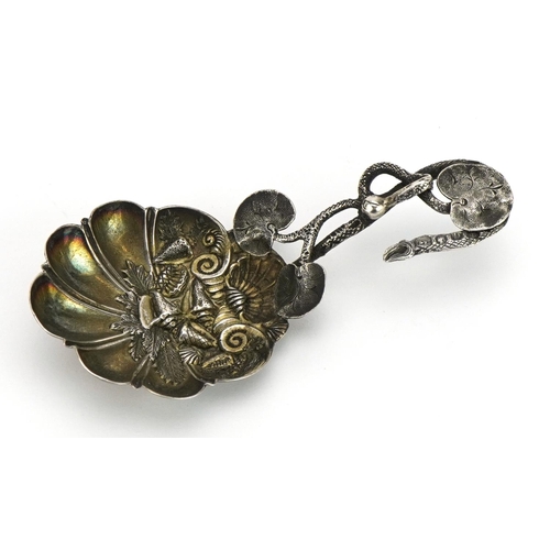 195 - Victorian silver caddy spoon with naturalistic form, the bowl embossed with seashells, Birmingham 18... 