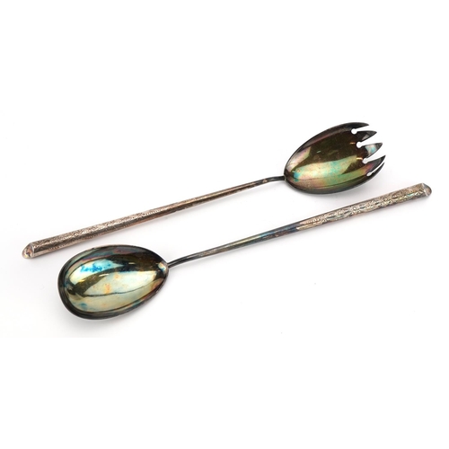 183 - Lee & Wigfull, pair of Edward VII silver salad servers with engraved decoration, Sheffield 1908, 27c... 