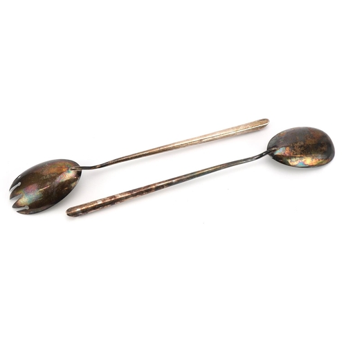 183 - Lee & Wigfull, pair of Edward VII silver salad servers with engraved decoration, Sheffield 1908, 27c... 
