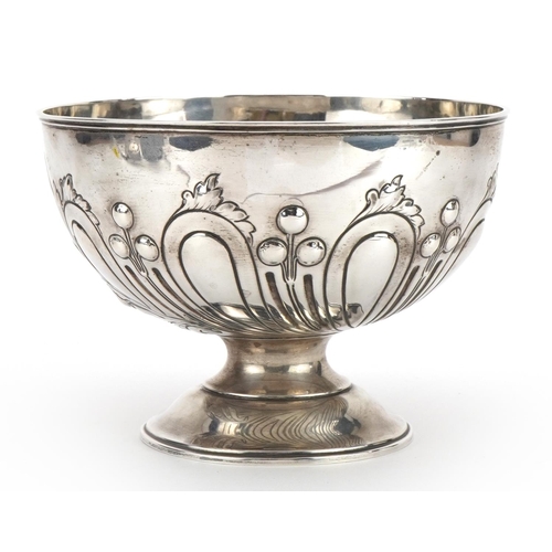 147 - Elkington & Co, Edward VII silver pedestal bowl embossed with foliage and berries, numbered 26359, B... 