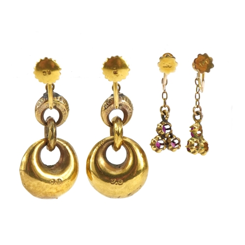1057 - Pair of 9ct gold pink stone drop earrings with screw backs with a pair of rolled gold drop earrings,... 