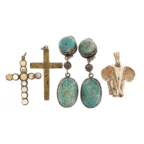 1558 - Silver and white metal jewellery inlcuding opal cross pendant, pair of turquoise coloured cabochon d... 